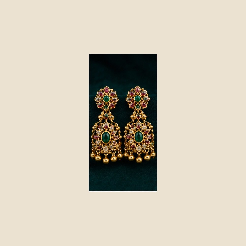 Floral chand-bali earrings with emerald centre