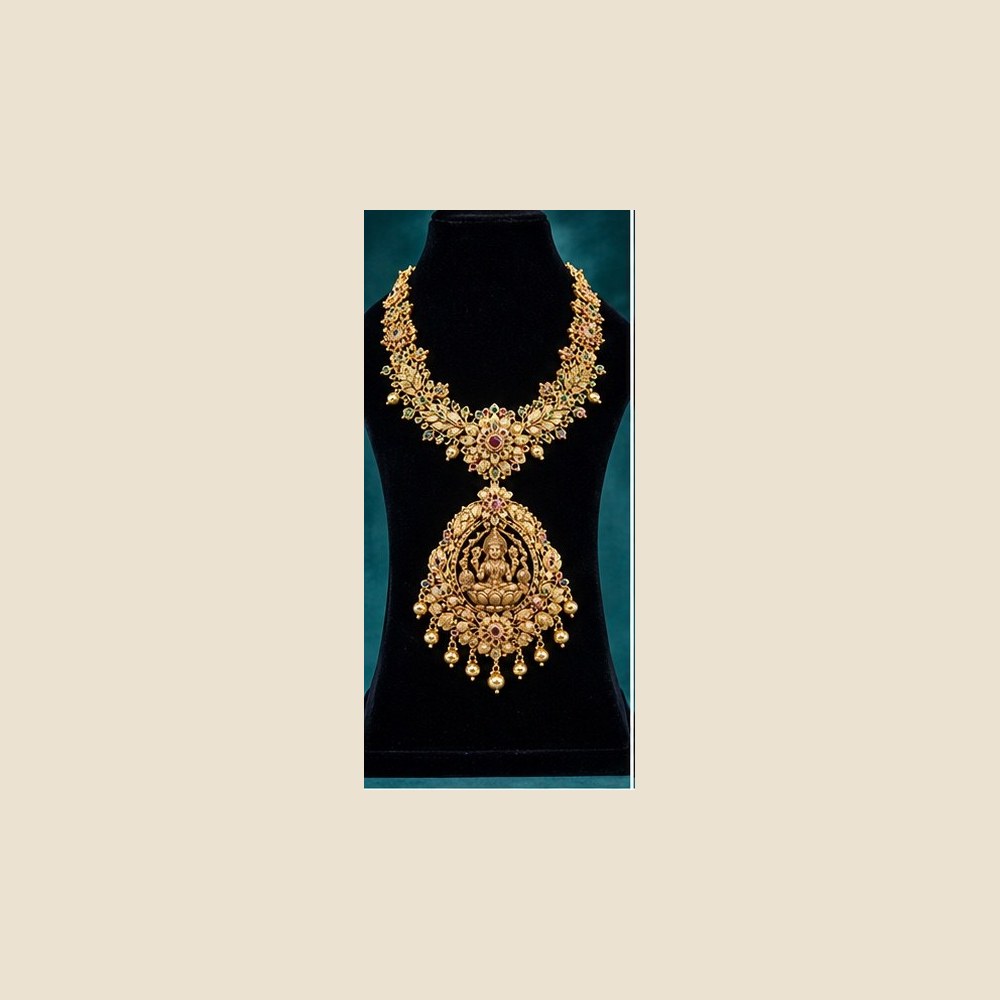 Lakshmi haaram with floral collar and sculpted pendant