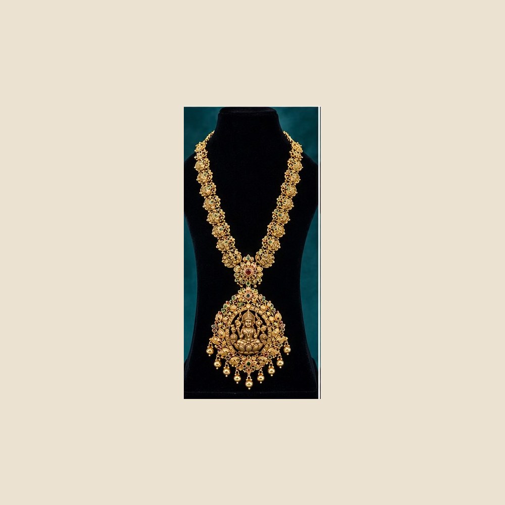 Long Lakshmi haaram with sculpted floral chain