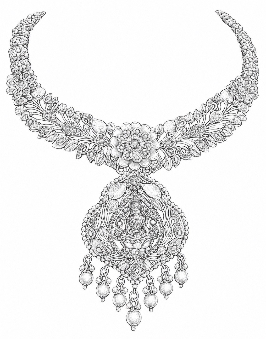 Technical line drawing of a Lakshmi temple necklace