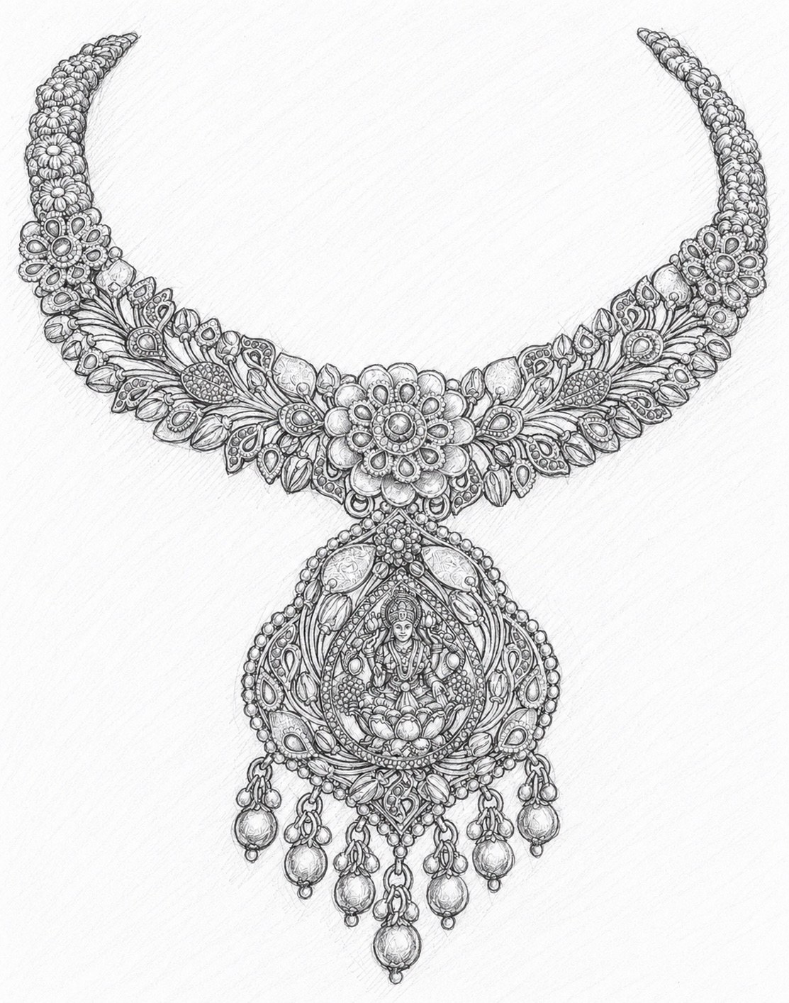 Pencil-shaded refined sketch of the same Lakshmi necklace