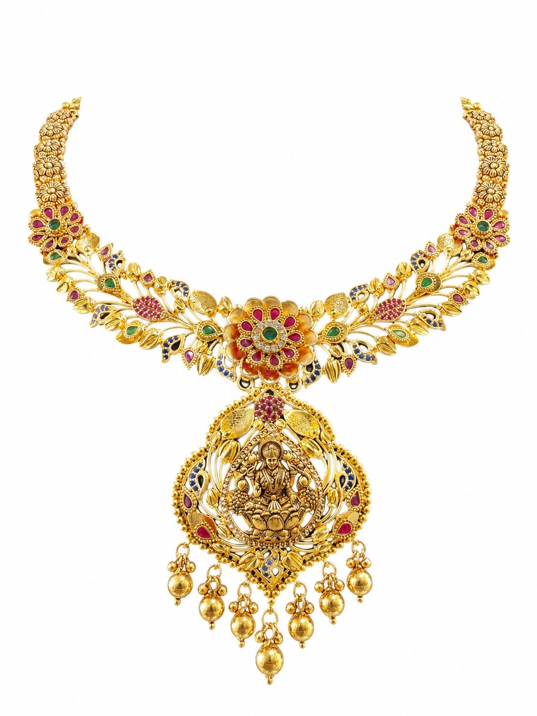 The finished Lakshmi gold necklace with rubies and emeralds